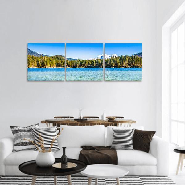 Hintersee Mountain Lake View Panoramic Canvas Wall Art in green and blue, hung on a wall
