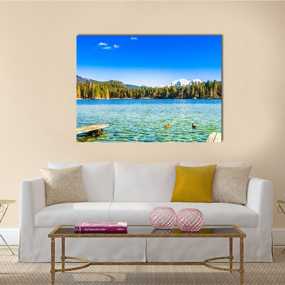 Lake Hintersee Landscape Canvas Wall Art in green and blue, single panel hung on a wall