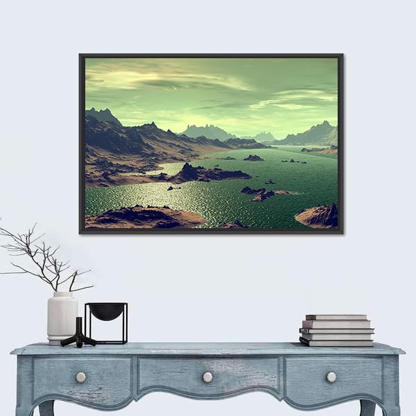 Lake In Alien Planet Canvas Wall Art-1 Piece-Floating Frame-24" x 16"-Tiaracle