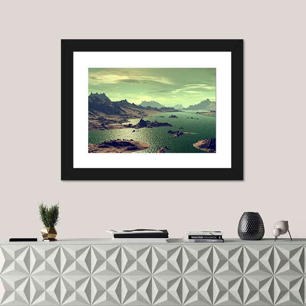 Lake In Alien Planet Canvas Wall Art-1 Piece-Framed Print-20" x 16"-Tiaracle