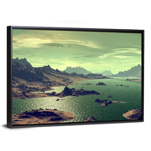 Lake In Alien Planet Canvas Wall Art-3 Horizontal-Gallery Wrap-25" x 16"-Tiaracle
