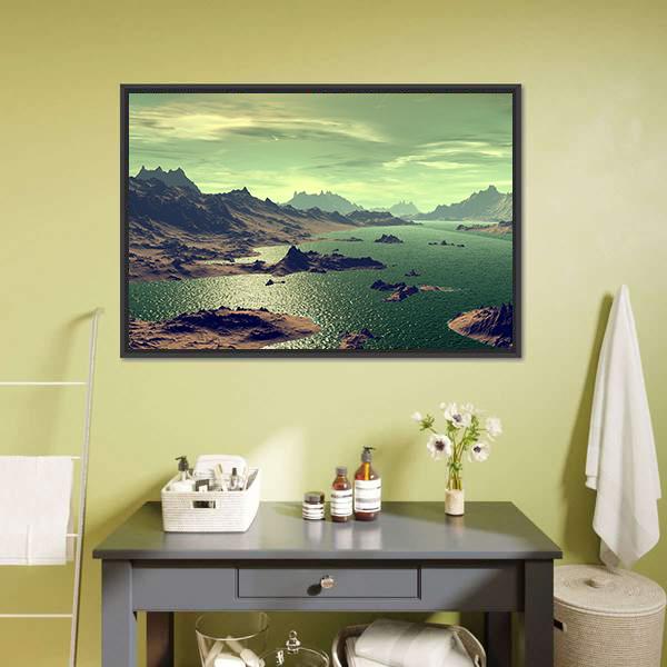 Lake In Alien Planet Canvas Wall Art-1 Piece-Floating Frame-24" x 16"-Tiaracle