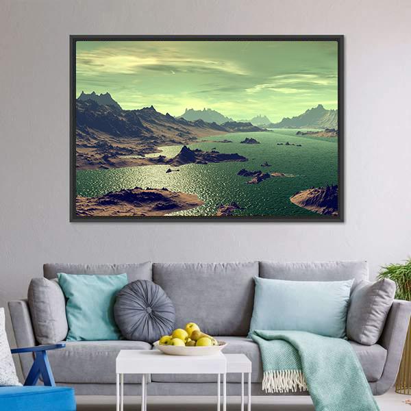 Lake In Alien Planet Canvas Wall Art-3 Horizontal-Gallery Wrap-25" x 16"-Tiaracle
