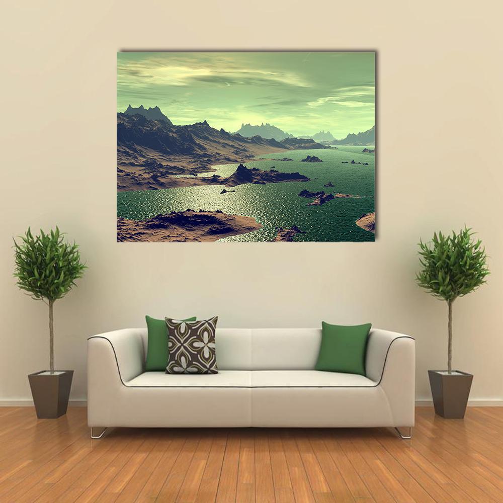 Alien Lake with Rocky Islands Canvas Wall Art in brown, yellow and green, single panel hung on a wall