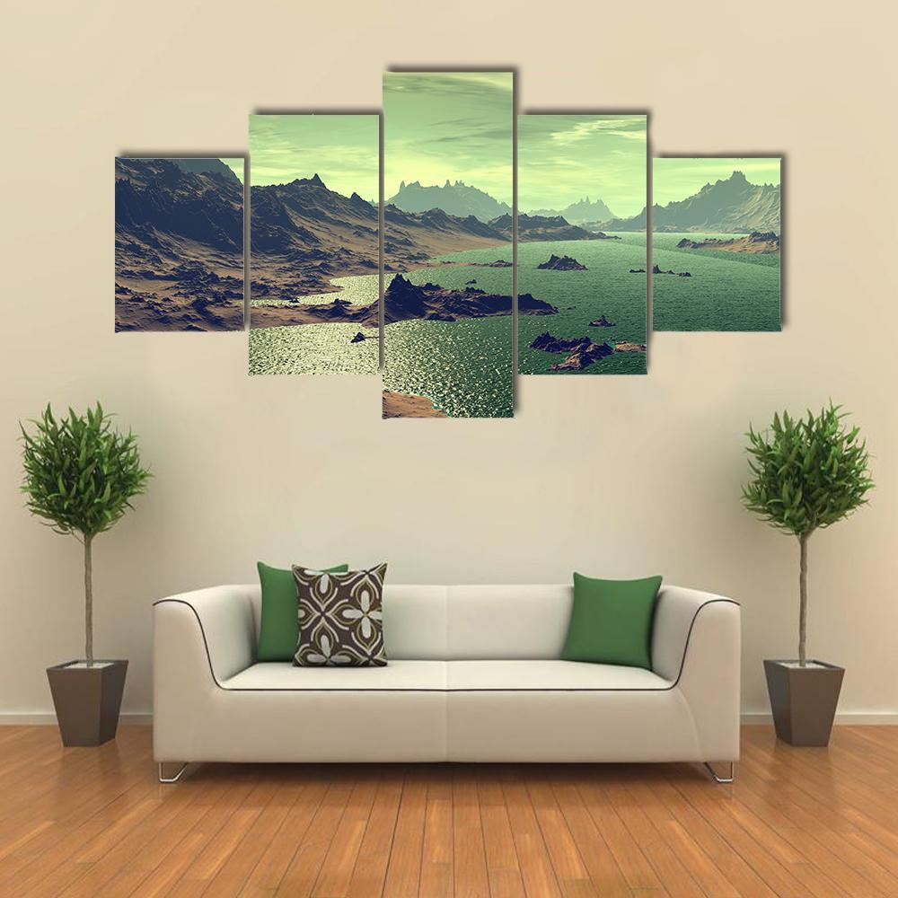 Lake In Alien Planet Canvas Wall Art-5 Star-Gallery Wrap-62" x 32"-Tiaracle