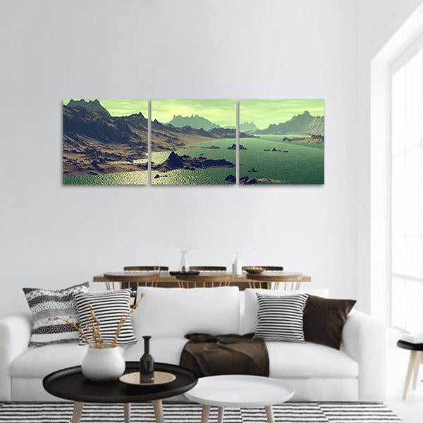 Lake In Alien Planet Panoramic Canvas Wall Canvas Wall Art-3 Piece-25" x 08"-Tiaracle
