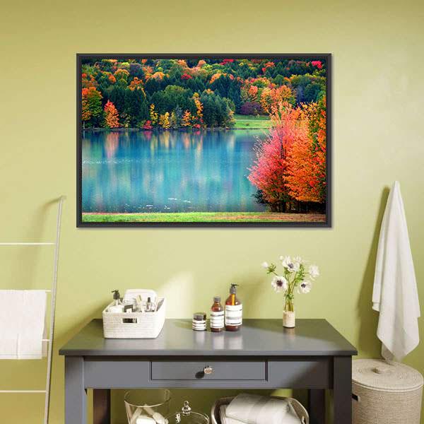 Lake In Autumn Landscape Canvas Wall Art-1 Piece-Floating Frame-24" x 16"-Tiaracle