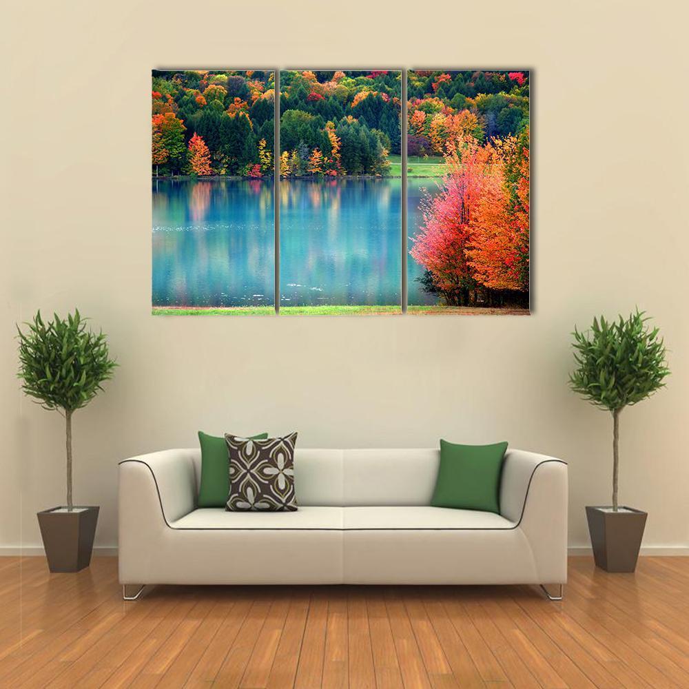 Lake In Autumn Landscape Canvas Wall Art-3 Horizontal-Gallery Wrap-37" x 24"-Tiaracle