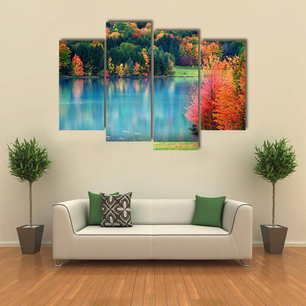 Lake In Autumn Landscape Canvas Wall Art-4 Pop-Gallery Wrap-50" x 32"-Tiaracle