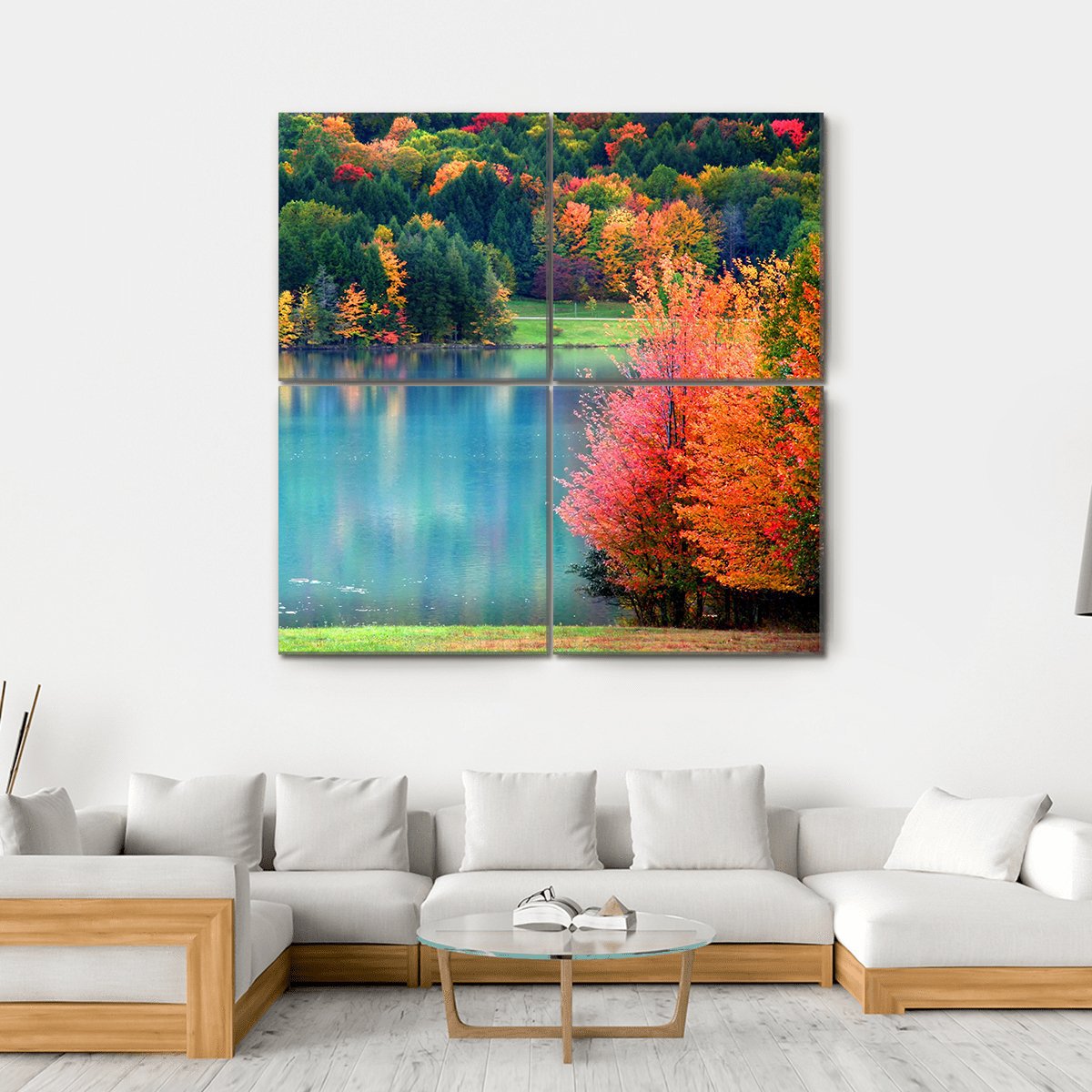 Lake In Autumn Landscape Canvas Wall Art-4 Square-Gallery Wrap-17" x 17"-Tiaracle