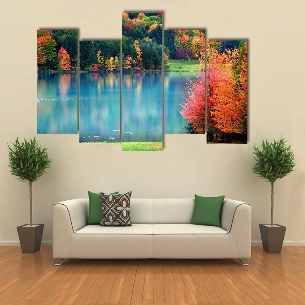 Lake In Autumn Landscape Canvas Wall Art-5 Pop-Gallery Wrap-47" x 32"-Tiaracle