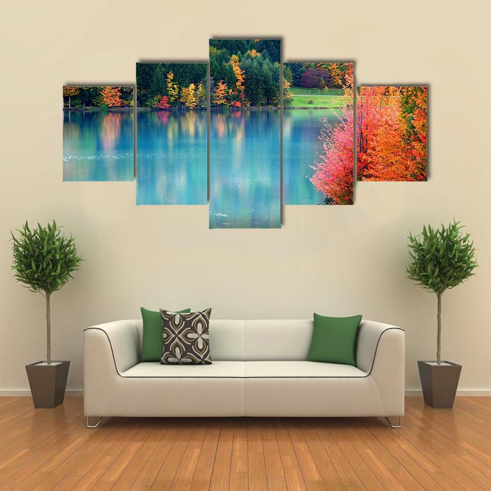 Lake In Autumn Landscape Canvas Wall Art-5 Star-Gallery Wrap-62" x 32"-Tiaracle