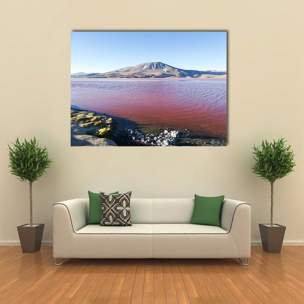 Bolivian Pink Lake with Snow-capped Mountain Canvas Wall Art in brown, blue and pink, single panel hung on a wall