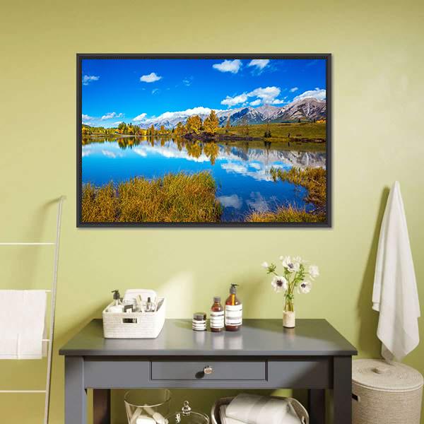 Lake In Canmore Canvas Wall Art-1 Piece-Floating Frame-24" x 16"-Tiaracle