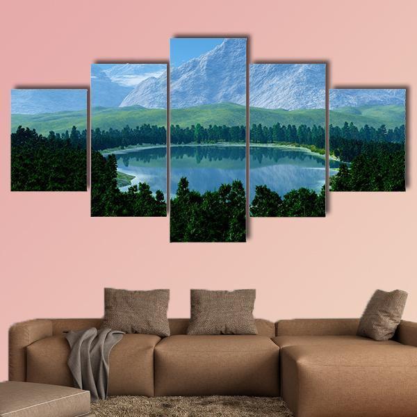 Lake In Forest Canvas Wall Art-5 Star-Gallery Wrap-62" x 32"-Tiaracle