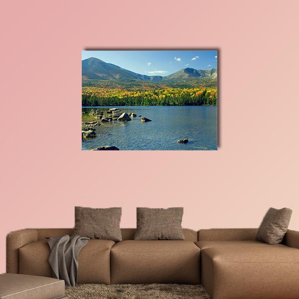 Mt. Katahdin Mountain Lake Canvas Wall Art in yellow, green and blue, single panel hung on a wall