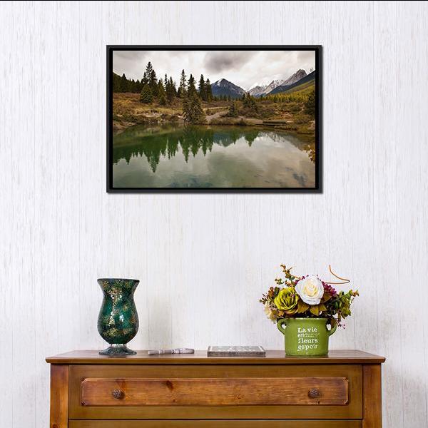 Lake In Jonston Canyon Canvas Wall Art-1 Piece-Floating Frame-24" x 16"-Tiaracle