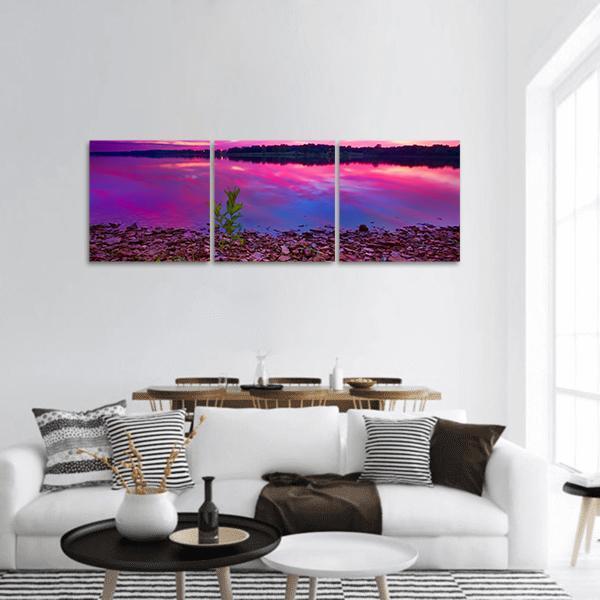 Longview Lake at Dawn Panoramic Canvas Wall Art in blue, purple and pink, hung on a wall