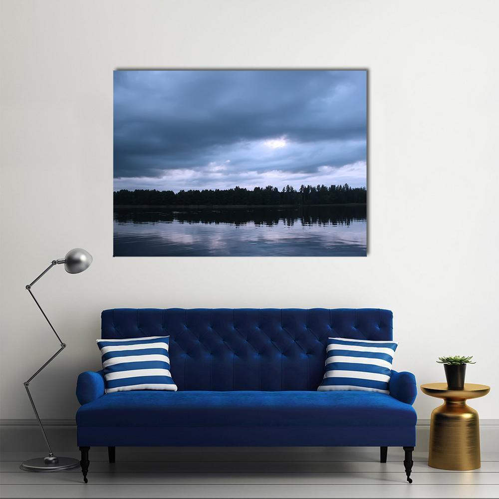 Lake in Latvia Canvas Wall Art in black, gray and blue, single panel hung on a wall
