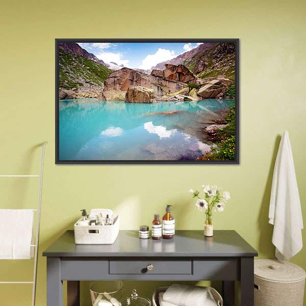 Lake In Mountains Canvas Wall Art-1 Piece-Floating Frame-24" x 16"-Tiaracle