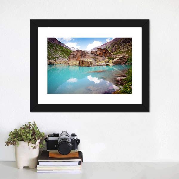 Lake In Mountains Canvas Wall Art-1 Piece-Framed Print-20" x 16"-Tiaracle