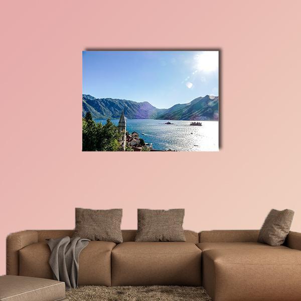 Sunlit Mountain Lake with Church Steeple Canvas Wall Art in white, green and blue, single panel hung on a wall