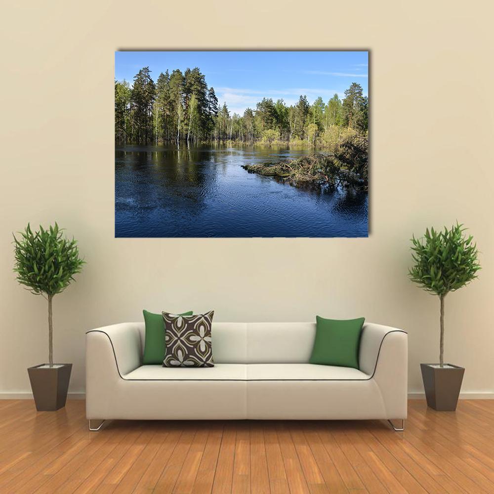 Forest Lake with Submerged Trees and Driftwood Canvas Wall Art in brown, green and blue, single panel hung on a wall