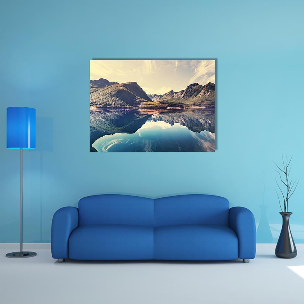 Lake in Norway Canvas Wall Art in brown, yellow and blue, single panel hung on a wall