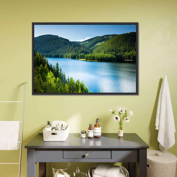 Lake In Pine Forest Canvas Wall Art-1 Piece-Floating Frame-36" x 24"-Tiaracle