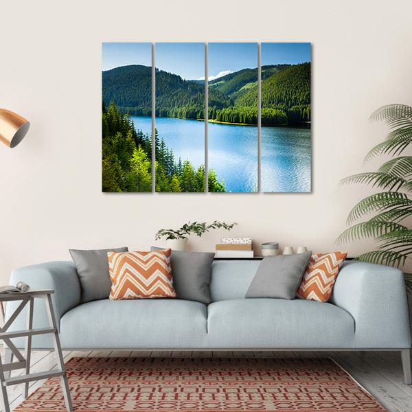 Lake In Pine Forest Canvas Wall Art-4 Horizontal-Gallery Wrap-34" x 24"-Tiaracle