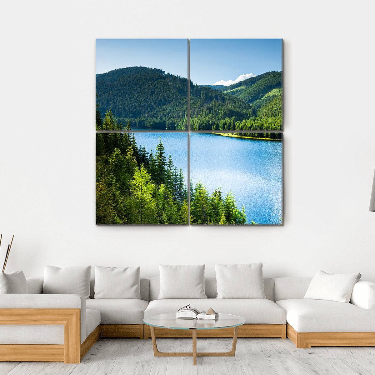 Lake In Pine Forest Canvas Wall Art-4 Square-Gallery Wrap-17" x 17"-Tiaracle