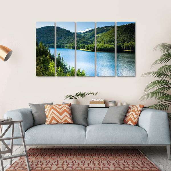 Lake In Pine Forest Canvas Wall Art-5 Horizontal-Gallery Wrap-22" x 12"-Tiaracle