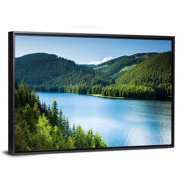 Lake In Pine Forest Canvas Wall Art-3 Horizontal-Gallery Wrap-25" x 16"-Tiaracle