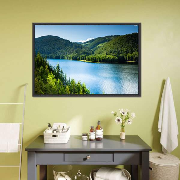 Lake In Pine Forest Canvas Wall Art-1 Piece-Floating Frame-24" x 16"-Tiaracle