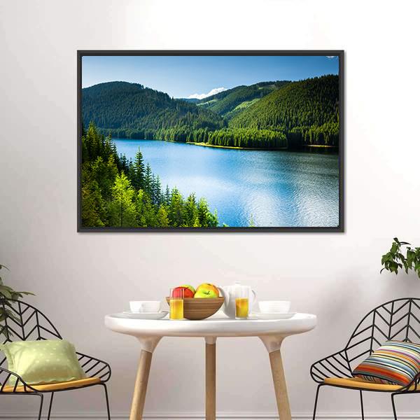 Lake In Pine Forest Canvas Wall Art-3 Horizontal-Gallery Wrap-25" x 16"-Tiaracle
