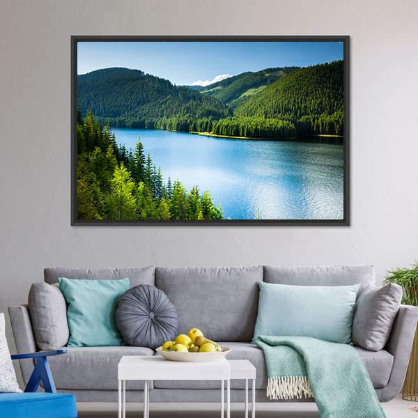 Lake In Pine Forest Canvas Wall Art-3 Horizontal-Gallery Wrap-25" x 16"-Tiaracle