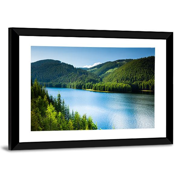 Lake In Pine Forest Canvas Wall Art-3 Horizontal-Gallery Wrap-25" x 16"-Tiaracle