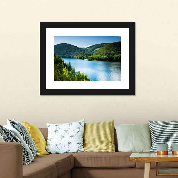 Lake In Pine Forest Canvas Wall Art-3 Horizontal-Gallery Wrap-25" x 16"-Tiaracle