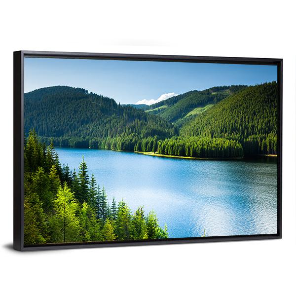 Lake In Pine Forest Canvas Wall Art-5 Horizontal-Gallery Wrap-22" x 12"-Tiaracle
