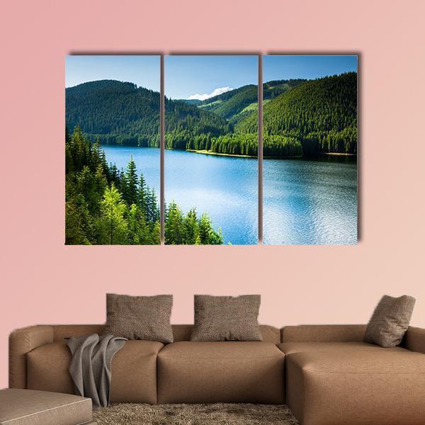 Lake In Pine Forest Canvas Wall Art-3 Horizontal-Gallery Wrap-37" x 24"-Tiaracle