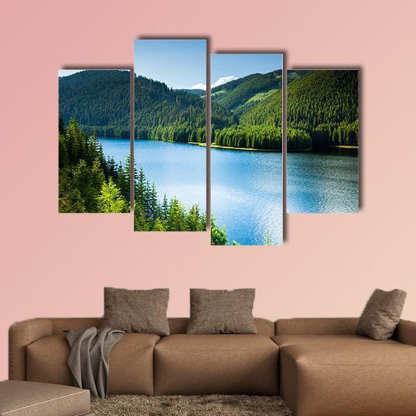 Lake In Pine Forest Canvas Wall Art-4 Pop-Gallery Wrap-50" x 32"-Tiaracle