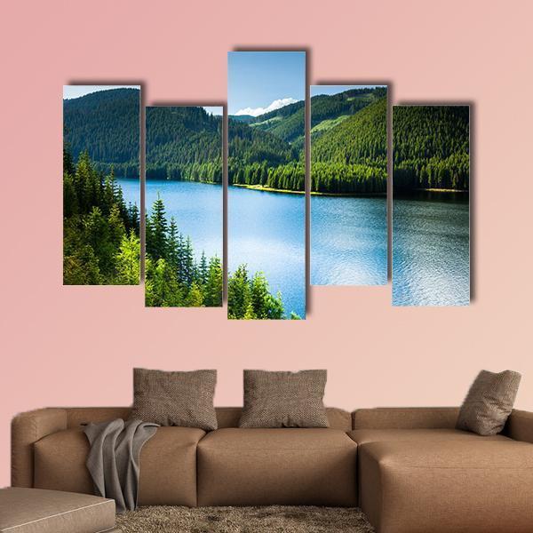 Lake In Pine Forest Canvas Wall Art-5 Pop-Gallery Wrap-47" x 32"-Tiaracle