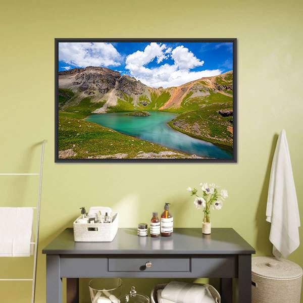 Turquoise Mountain Lake in Alpine Scenery Canvas Wall Art in brown, green and blue, framed canvas, product view on a white background