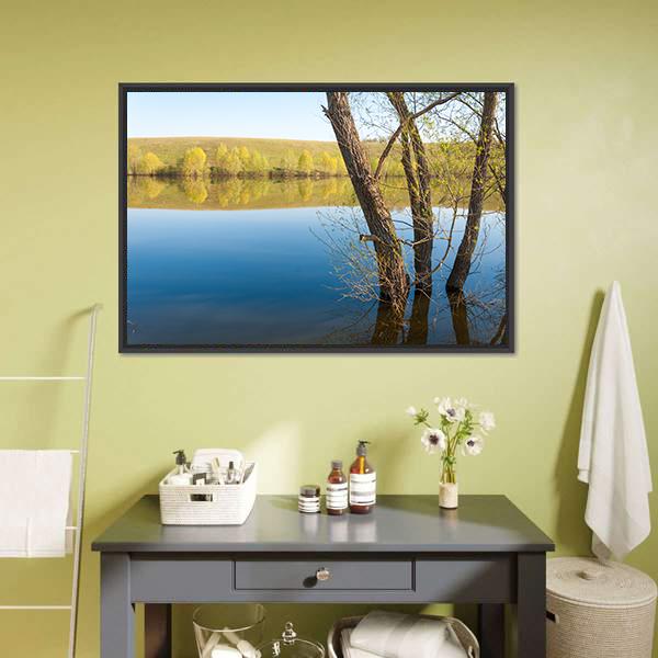 Lake In Spring Park Canvas Wall Art-1 Piece-Floating Frame-24" x 16"-Tiaracle
