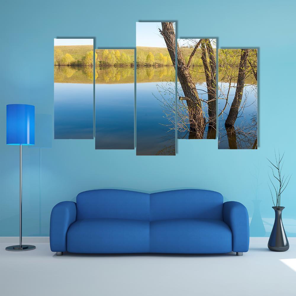 Lake In Spring Park Canvas Wall Art-5 Pop-Gallery Wrap-47" x 32"-Tiaracle