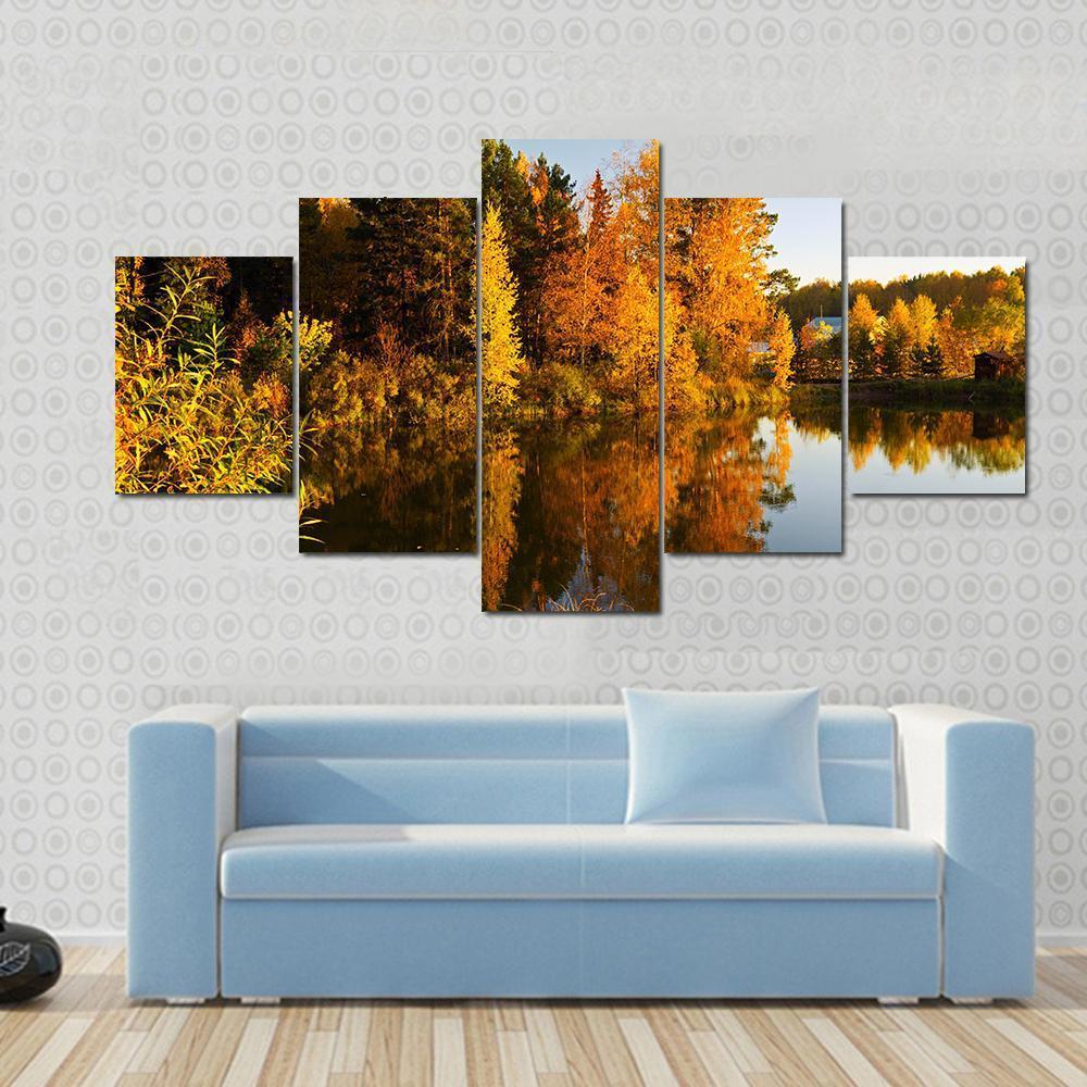 Lake In Sunset Rays Canvas Wall Art-5 Star-Gallery Wrap-62" x 32"-Tiaracle