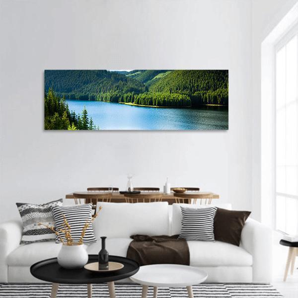 Lake In Pine Forest Panoramic Canvas Wall Art-1 Piece-36" x 12"-Tiaracle