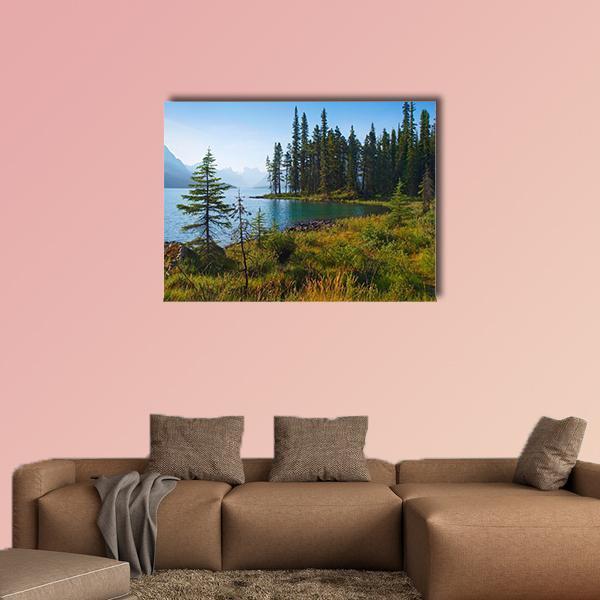 Morning on a Mountain Lake Canvas Wall Art in yellow, green and blue, single panel hung on a wall