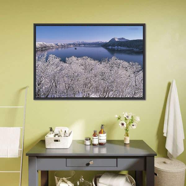 Lake In Winter Season Canvas Wall Art-1 Piece-Floating Frame-24" x 16"-Tiaracle