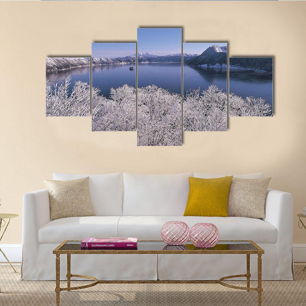 Lake In Winter Season Canvas Wall Art-5 Star-Gallery Wrap-62" x 32"-Tiaracle